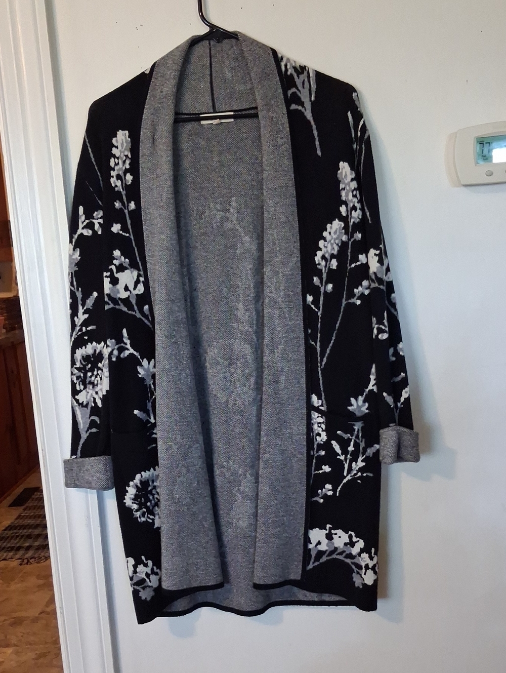 Margaux Black Floral Open-Front Cardigan with Gray Trim